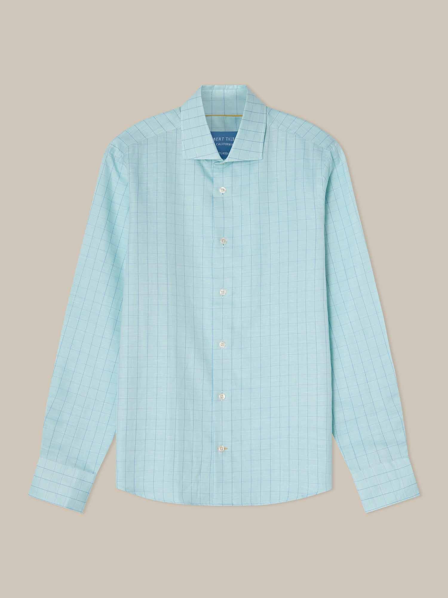 Reynolds Blue Windowpane Cotton Linen Blend Shirt in Contemporary fit