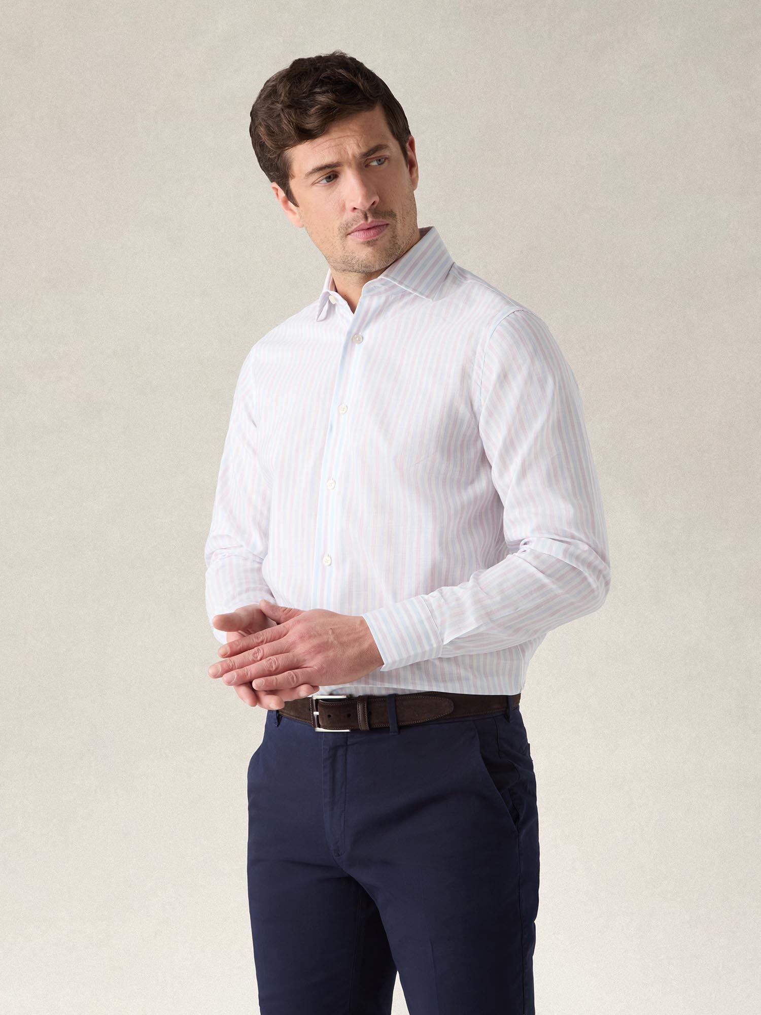 Reynolds Blue Multi Thin Stripe Cotton Linen Blend Shirt in Contemporary fit