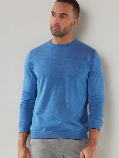 The Keaton Crewneck Sweater in Sky Blue with Navy Tipping