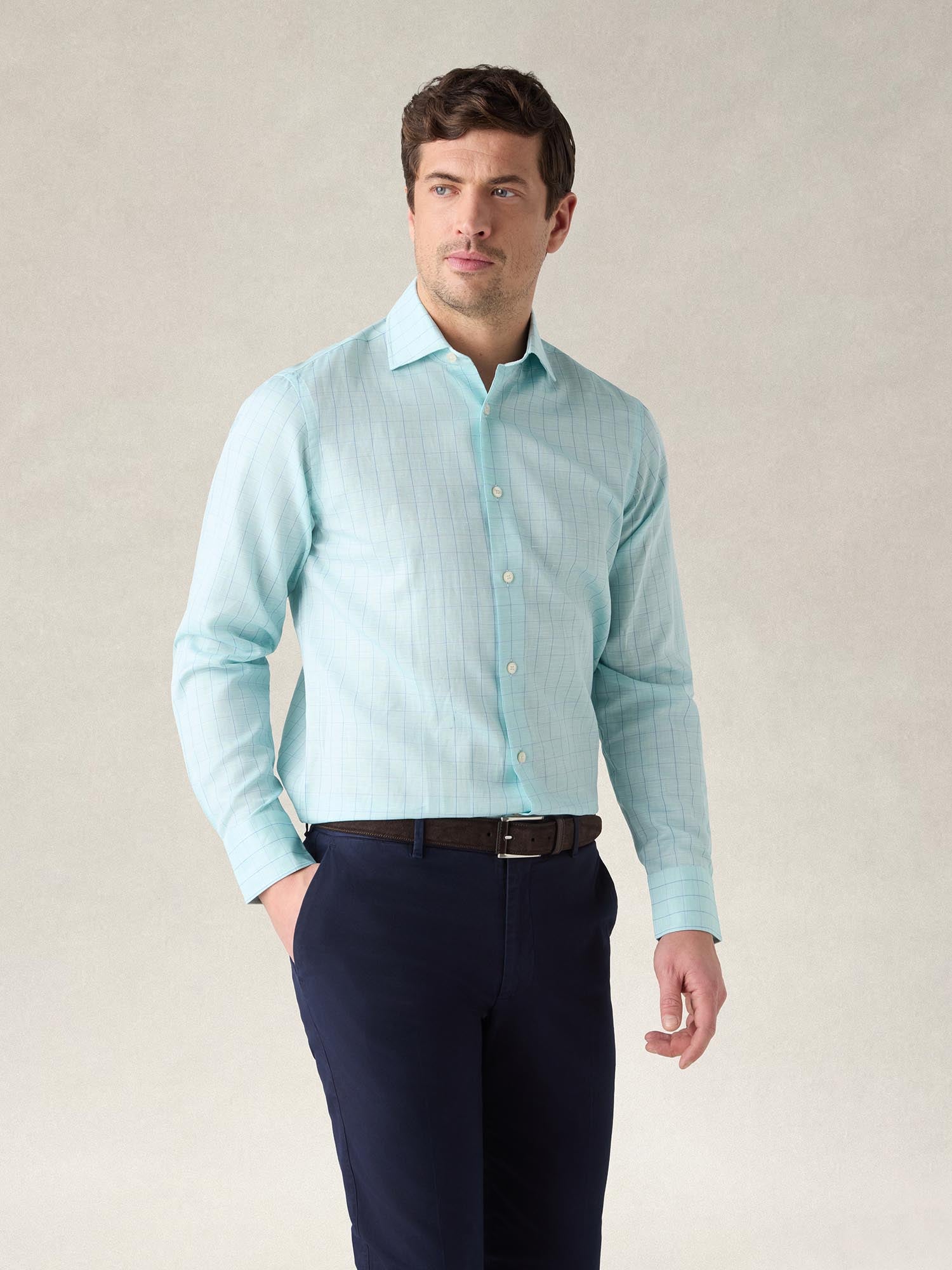 Reynolds Blue Windowpane Cotton Linen Blend Shirt in Contemporary fit