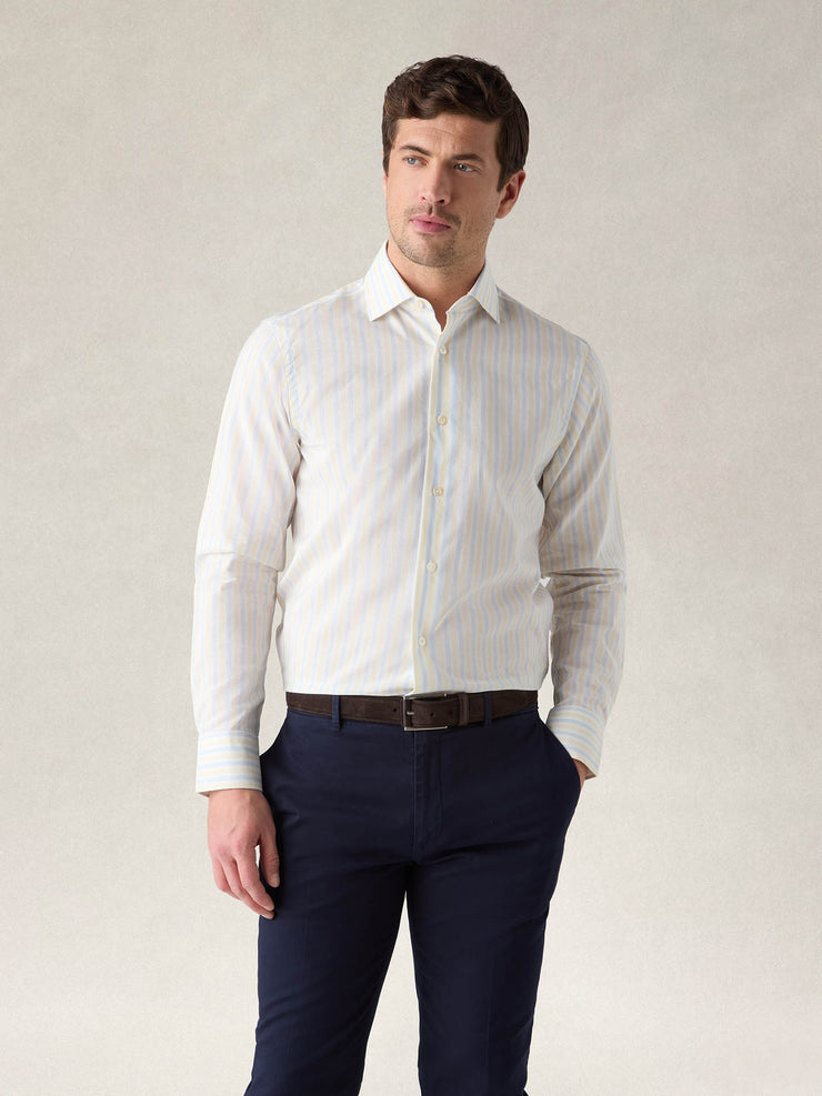 Reynolds Blue Multi Thin Stripe Cotton Linen Blend Shirt