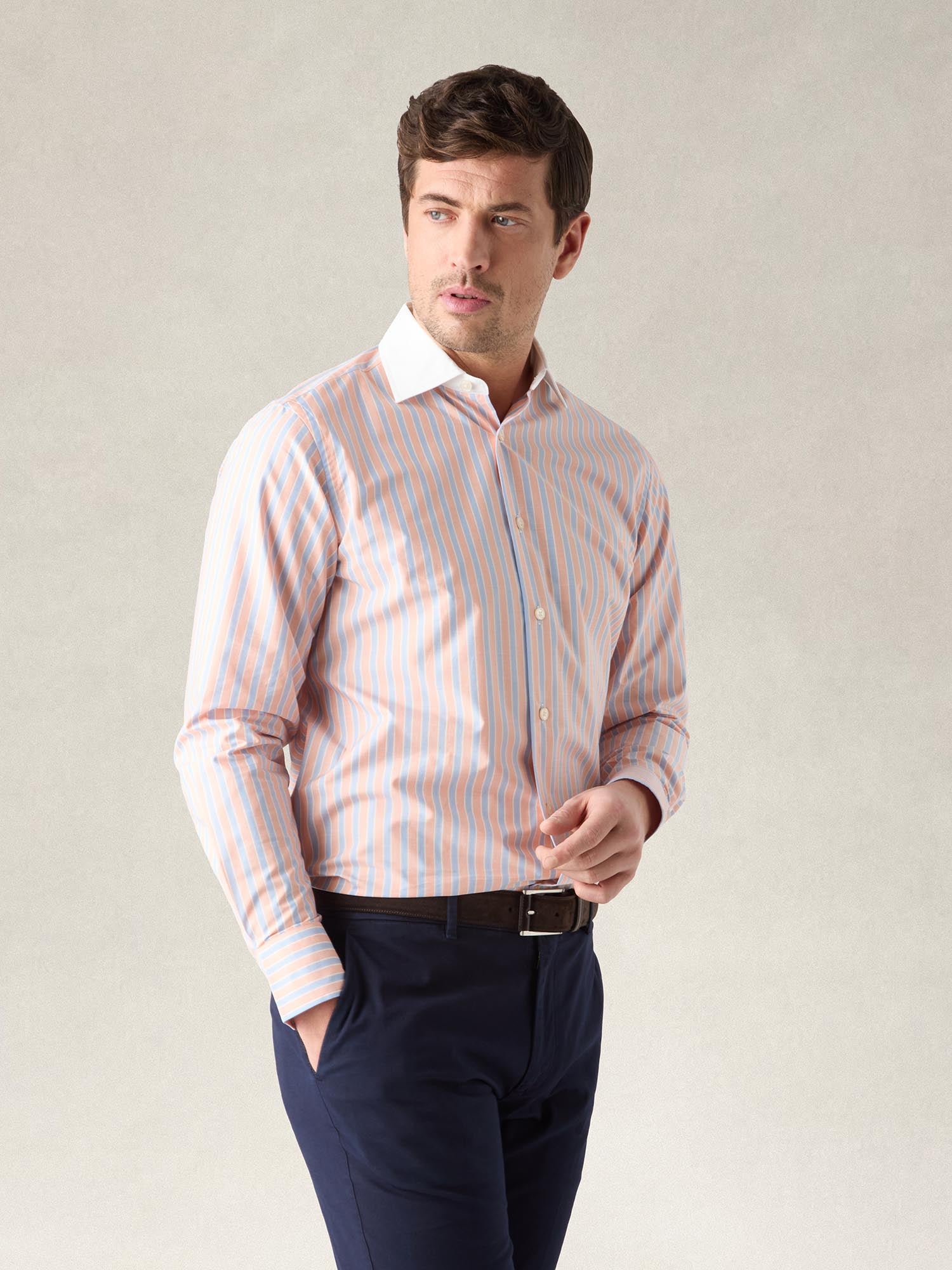 Reynolds Blue Multi Stripe Light Weight Poplin Shirt in Contemporary fit