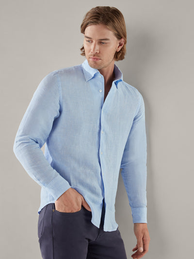 The Morgan Linen Shirt in Blue White Mini Check