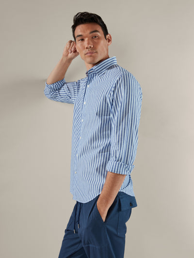 The Morgan Cotton-Linen Stripe Shirt in powder blue-medium blue