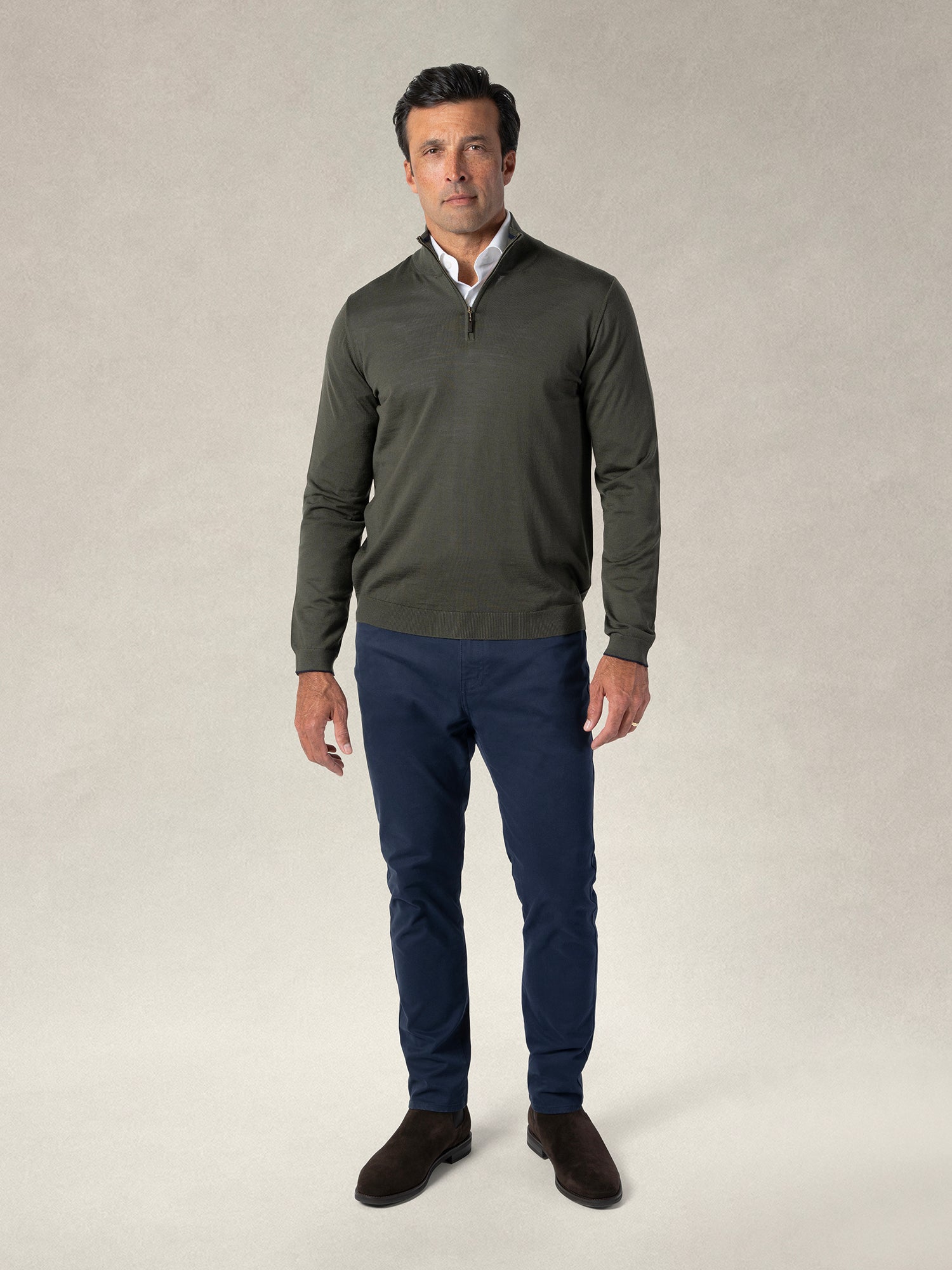 Eastwood Quarter Zip Sweater - L / Olive Green with Navy Tipping Eastwood Quarter Zip Sweater - L / Olive Green with Navy Tipping